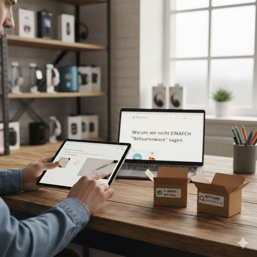 Ein Herr sitzend beim Betrachten des Retourify Blogeintrags auf dem Tablet und einem Notebook