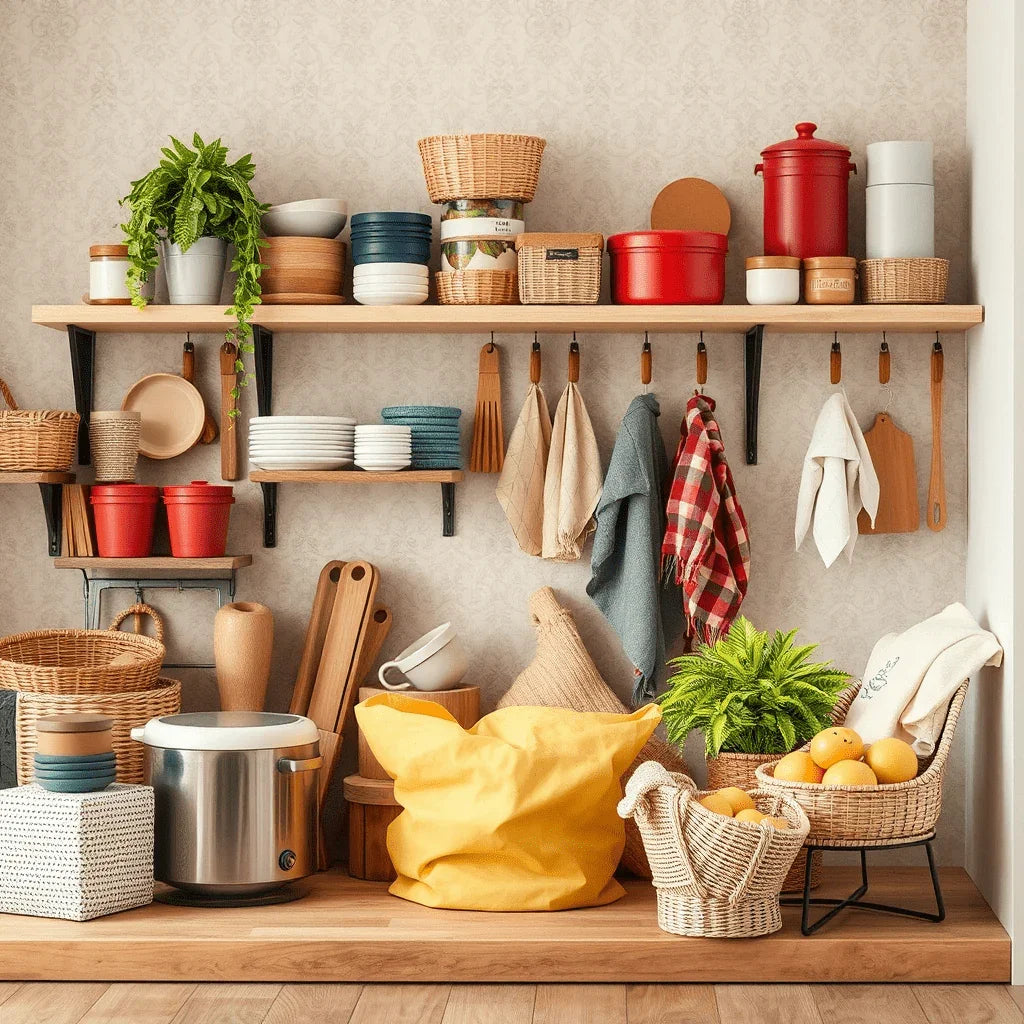 In einem ordentlich geordneten Küchenregal stehen Geschirr, rote Behälter, Utensilien, Handtücher, geflochtene Körbe, Topfpflanzen und ein Korb mit Zitronen auf einer hölzernen Arbeitsplatte.