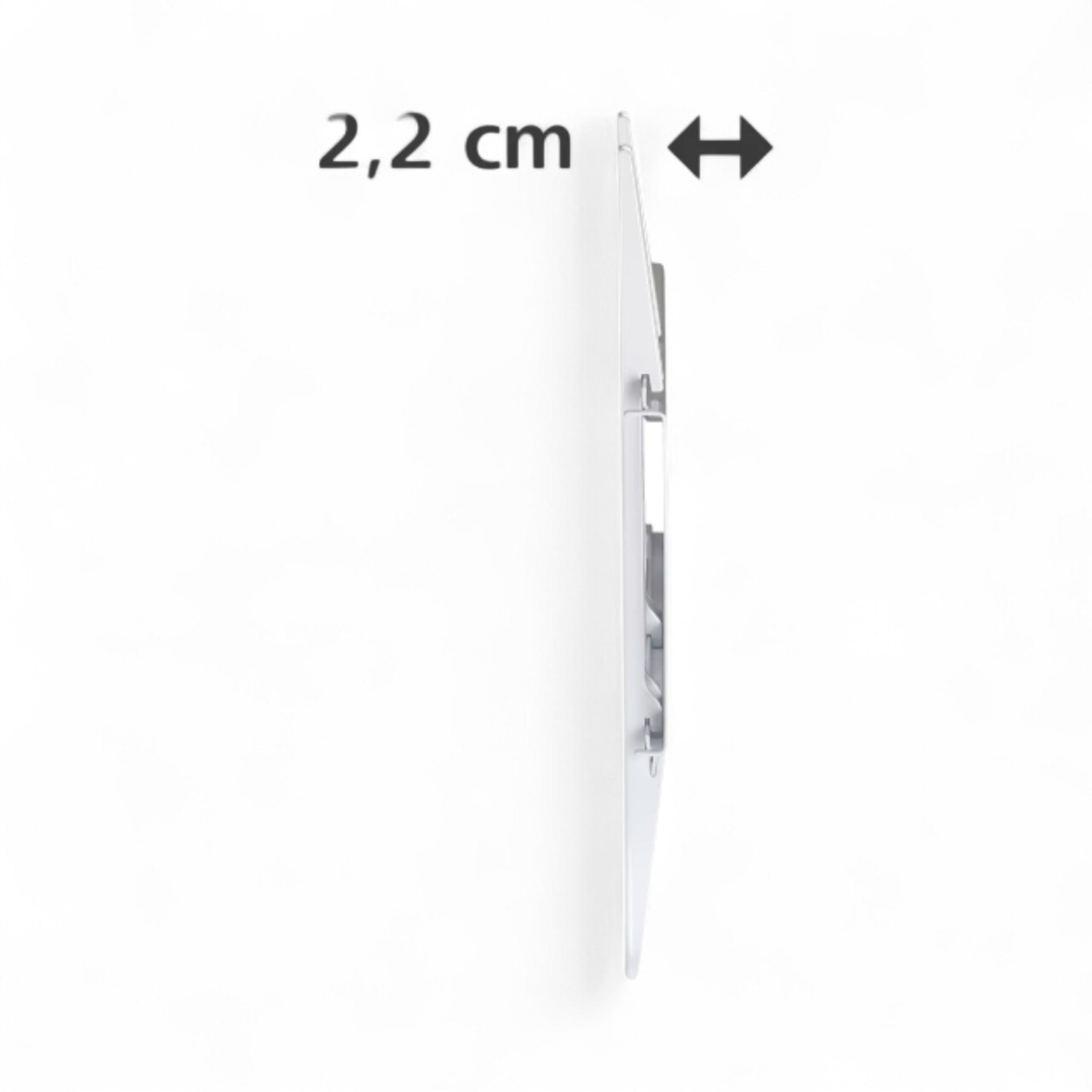 Seitenansicht der weißen Hama TV Wandhalterung (19"-37", max. 25 kg), mit einer Dicke von 2,2 cm und einem Doppelpfeil darüber; inklusive umfangreichem Zubehör und fabrikneu.