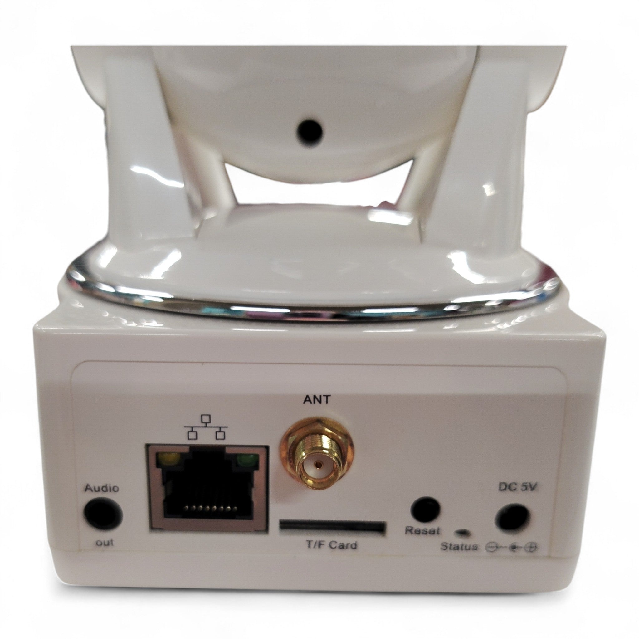 Die Rückansicht der DBPower Mega Pixel PTZ IP-Kamera (B Ware) zeigt Anschlüsse mit der Bezeichnung Audio out, Ethernet, ANT, TF Card, Reset, Status und DC 5V - perfekt für flexible Heimüberwachung.