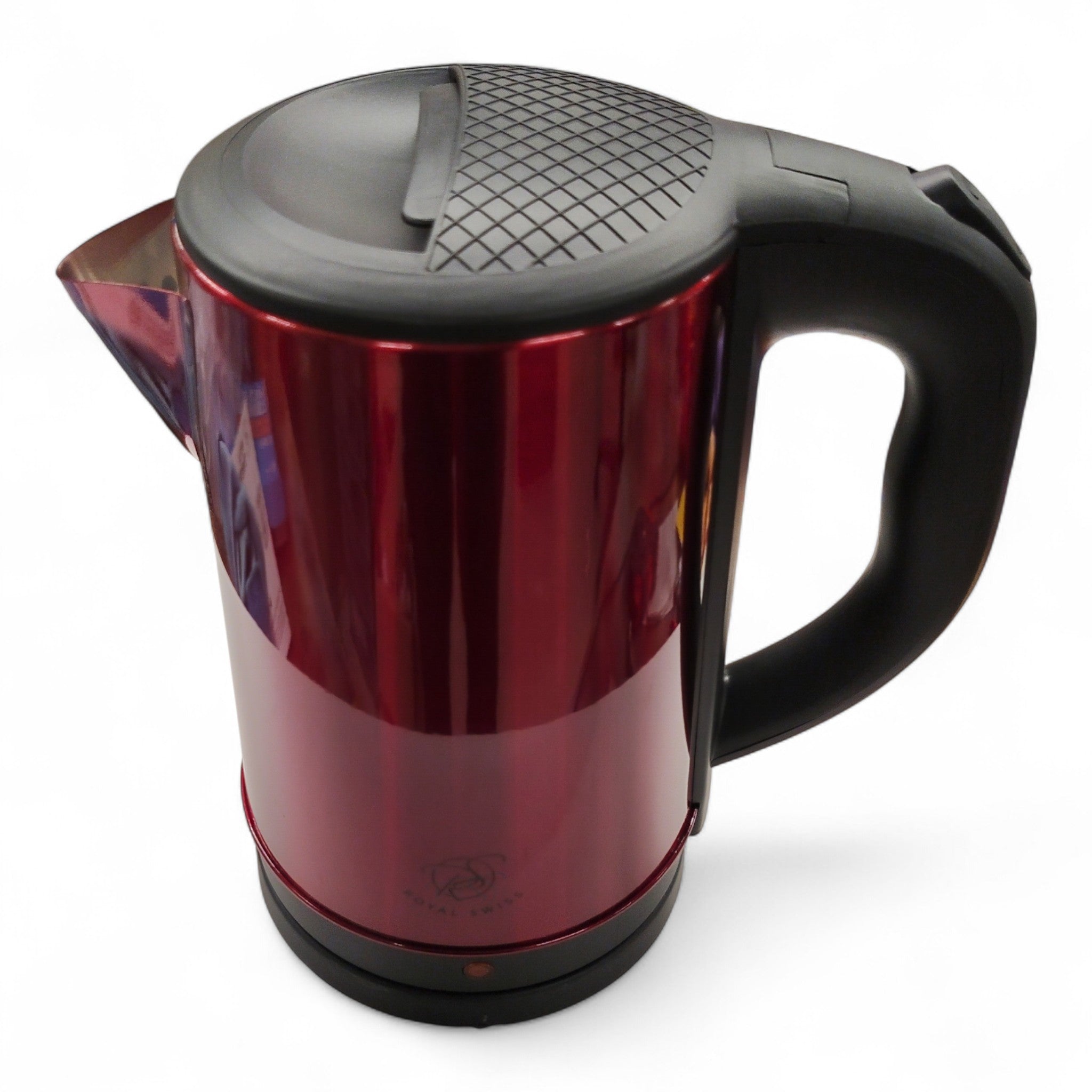 Ein roter Royal Swiss Wasserkocher (1500 Watt, 2 Liter, B-Ware) mit schwarzem Griff und Deckel für schnelles Wasserkochen, wird vor einem schlichten weißen Hintergrund gezeigt.