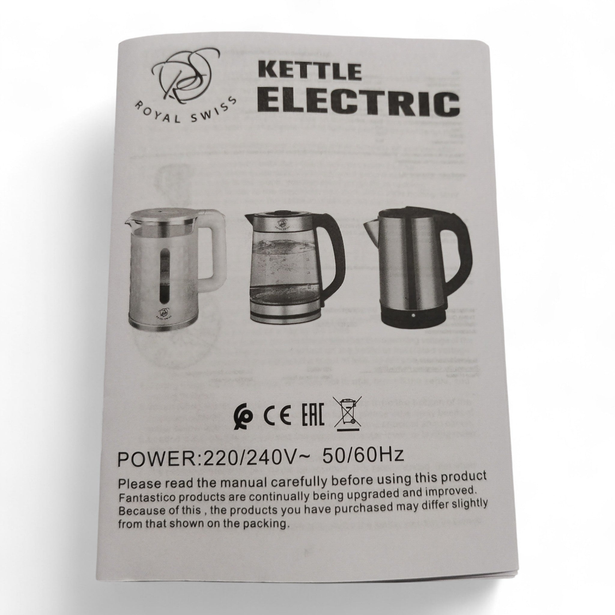 Gebrauchsanweisung für Royal Swiss Wasserkocher / 1500 Watt | B-Ware | 2 Liter, mit schnellem Wasserkochen, Abbildungen von drei Wasserkochermodellen und detaillierten technischen Daten. Marke: Royal Swiss.