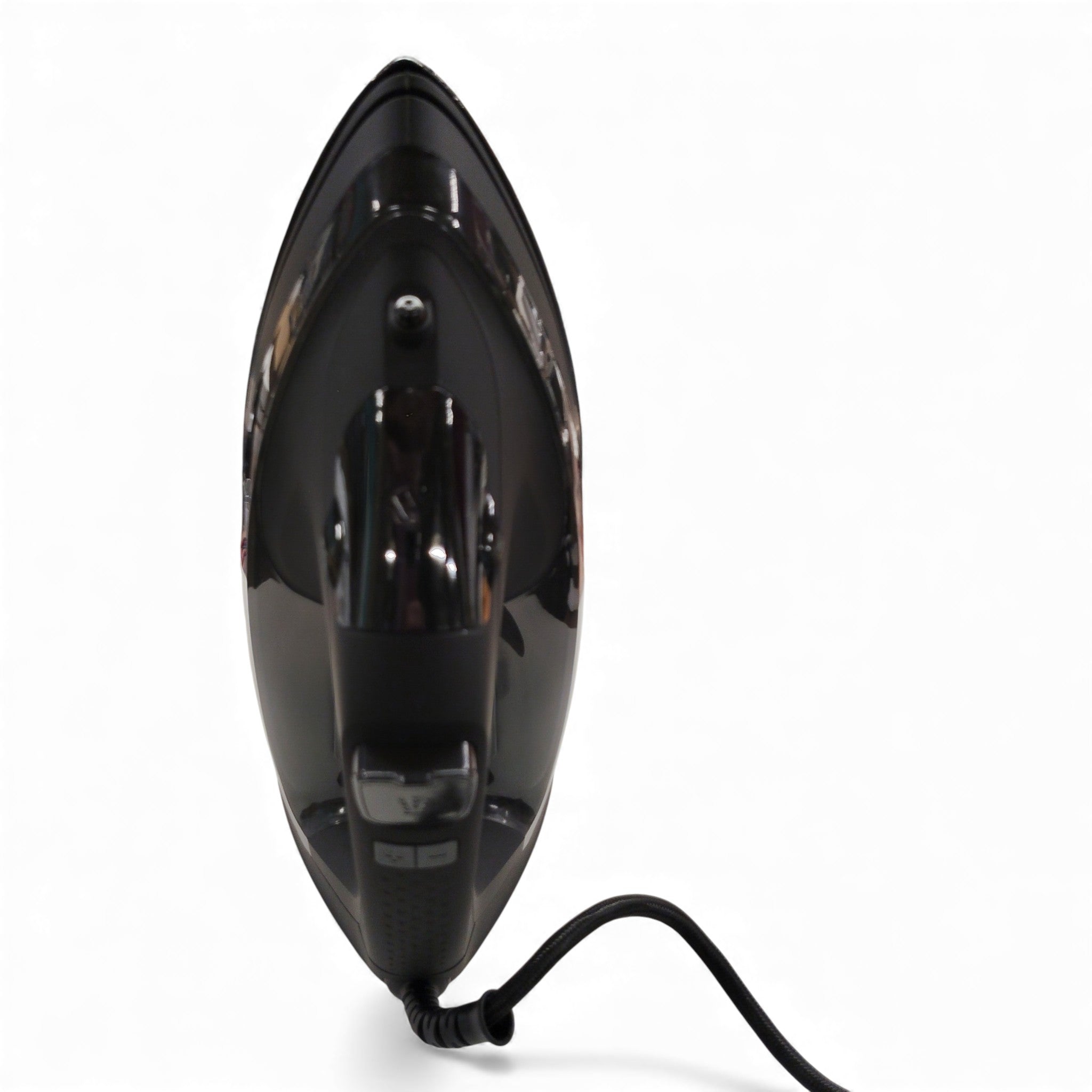 Das N8werk Dampfbügeleisen mit Turbo Dampfgenerator und 3-Kammern System steht aufrecht mit sichtbarem Kabel vor weißem Hintergrund - perfekt für strickfreie Kleidung.