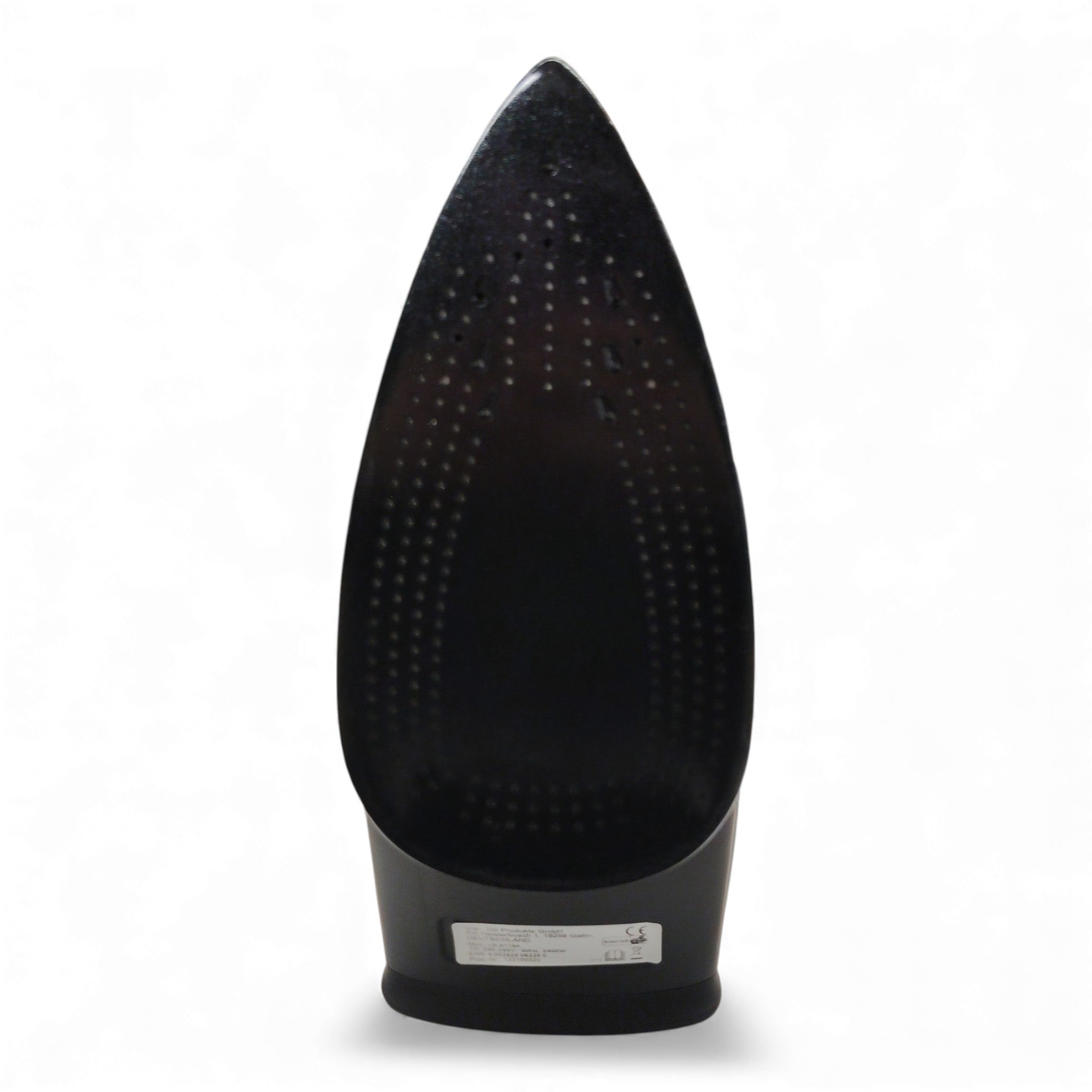 Das N8werk Dampfbügeleisen mit Turbo-Dampfgenerator und 3-Kammern-System steht aufrecht mit sichtbaren Dampflöchern und Etikett - ideal für strickfreie Kleidung mit fortschrittlichen Funktionen wie einem Antikalk-Filter.