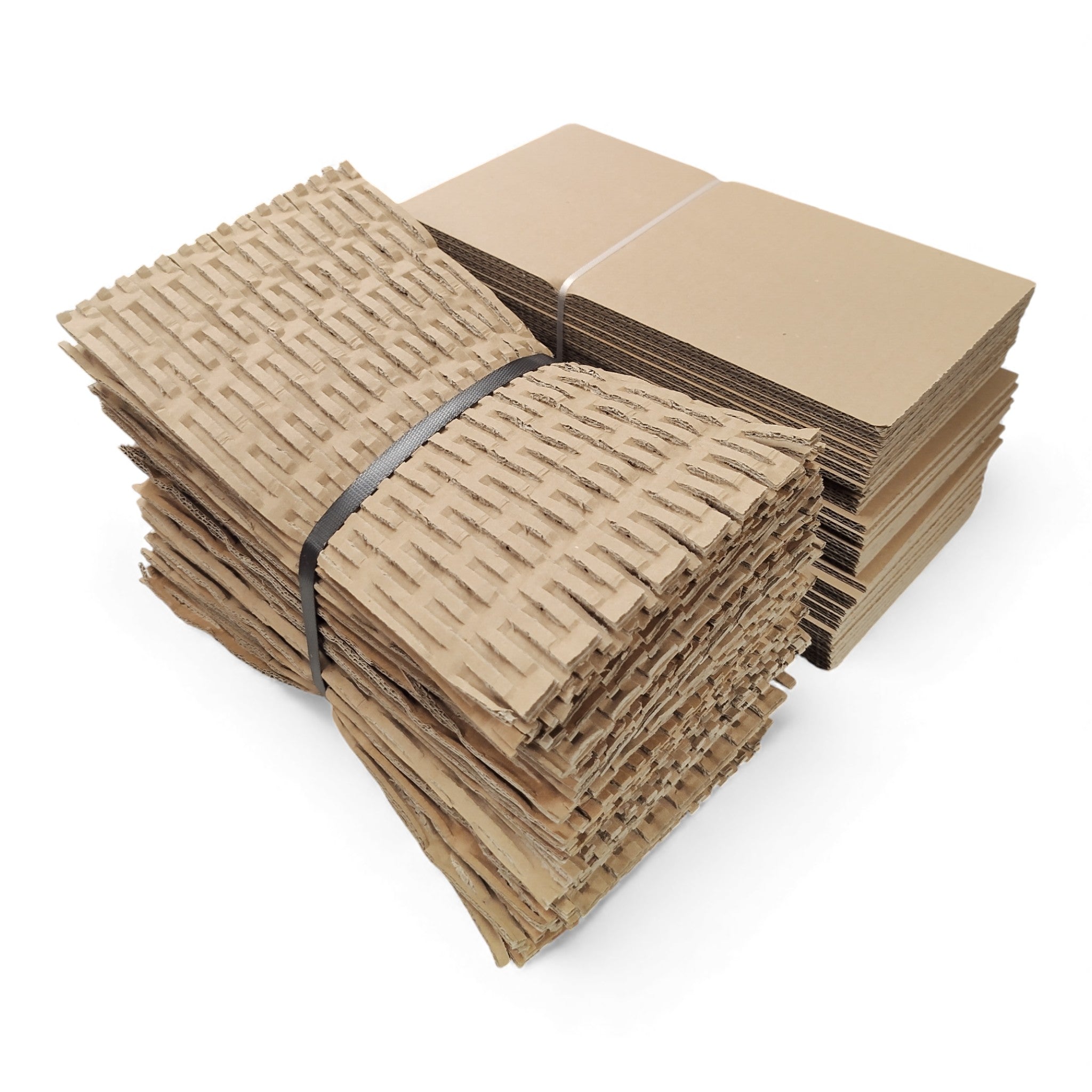 Zwei Bündel - Retourify Polstermaterial Karton Shredder Füllmaterial (30 neu, 2-wellige Matten pro Bündel) - sind auf weißem Hintergrund als nachhaltiges Verpackungs- und Polstermaterial angeordnet.
