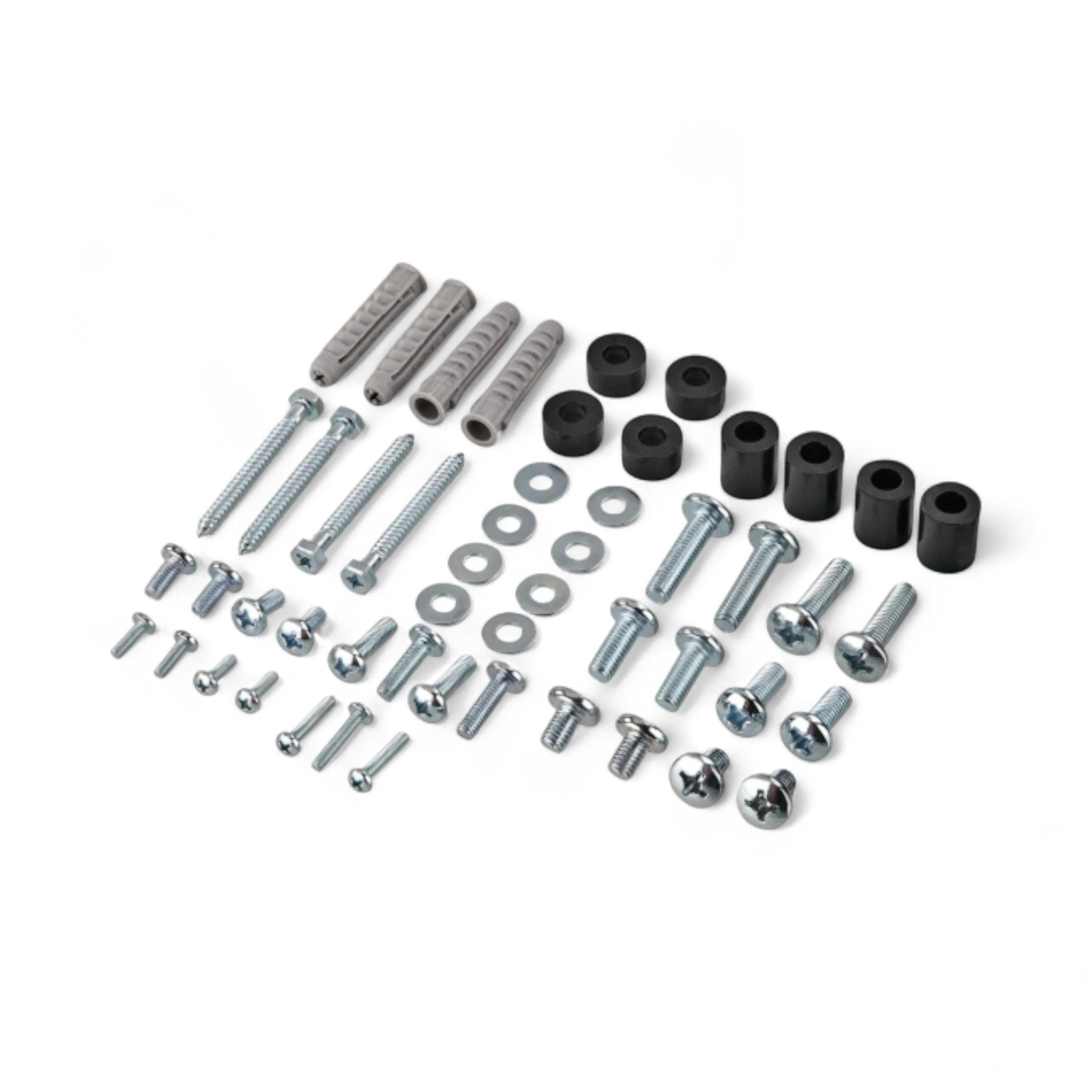 Sortierte Schrauben, Bolzen, Unterlegscheiben, Dübel und schwarze Abstandshalter für die Hama TV Wandhalterung 19"-37" (max. 25 kg Tragkraft) übersichtlich angeordnet - ideales Zubehör für Ihre Fernseher-Montage. Marke: Hama.