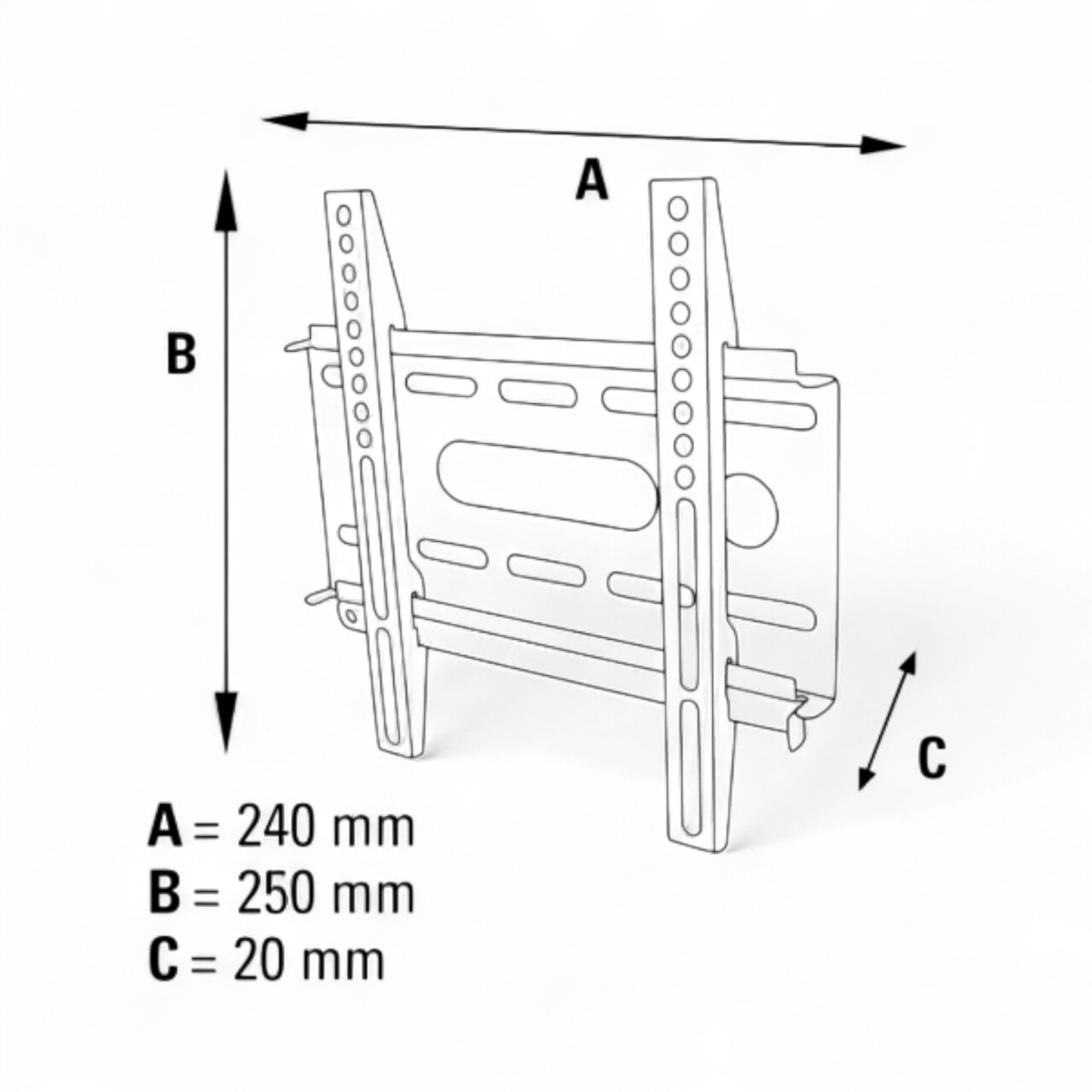 Diagramm der Hama TV Wandhalterung (19"-37", max. 25 kg) mit Maßen: A = 240 mm, B = 250 mm, C = 20 mm - perfekt für die sichere Fernsehermontage. Viel Zubehör inklusive.