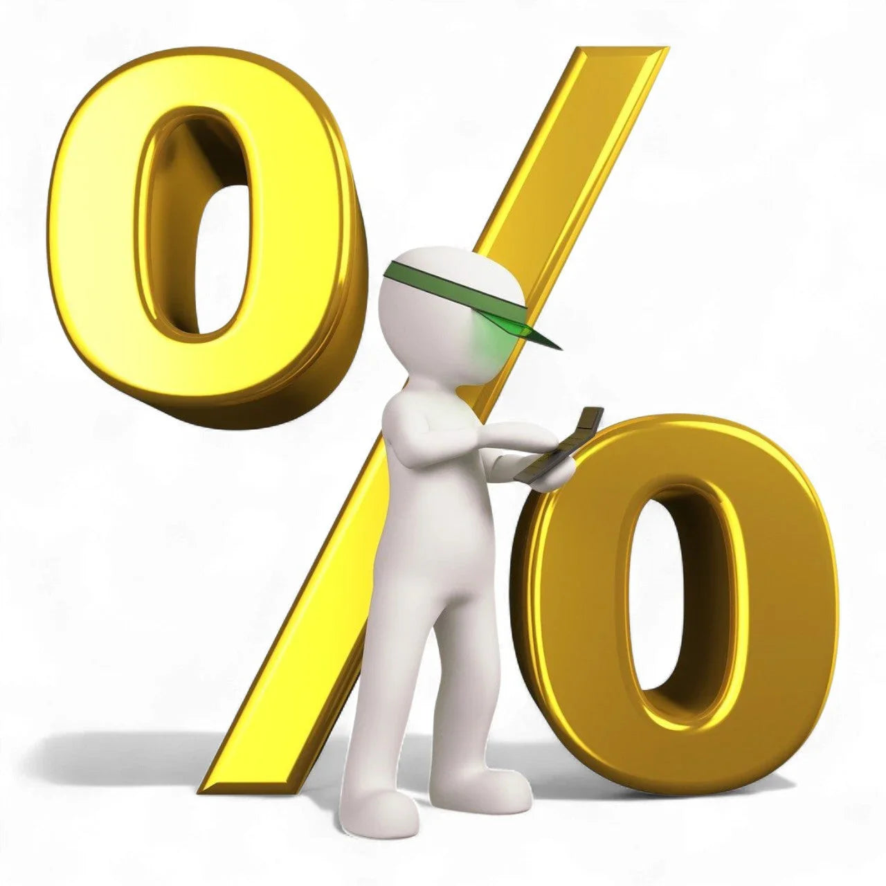 3D-Strichmännchen mit grünem Visier steht vor einem großen goldenen Prozent-Symbol, hält ein Smartphone oder Gerät in der Hand und schaut darauf.