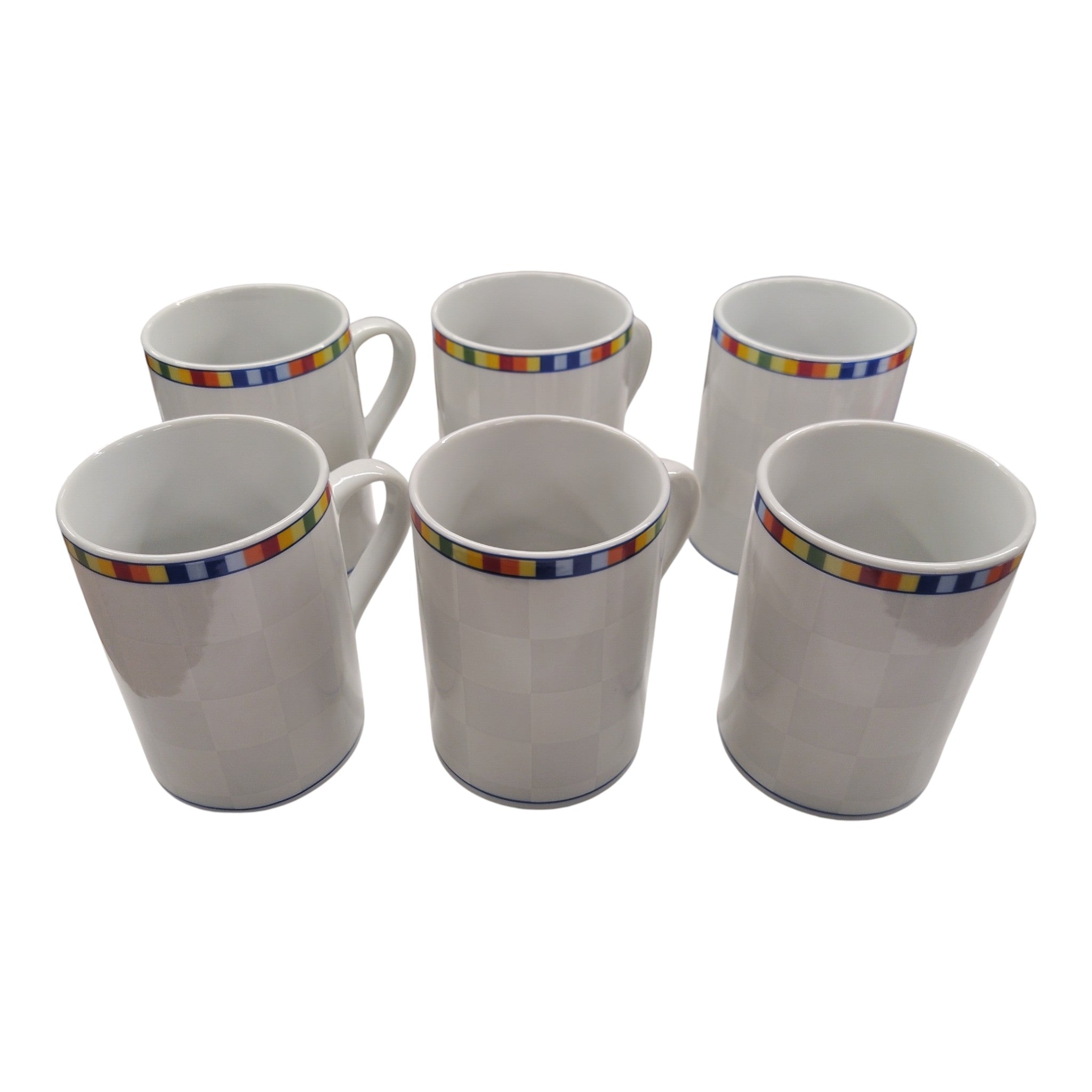 Venezia Kaffeebecher 6er Set, 300 ml - Neuwareware, weiß mit buntem Karomuster am Rand, attraktive Sonderposten, geprüfte B-Ware im Bestzustand, nachhaltige Deals für clevere Käufer.