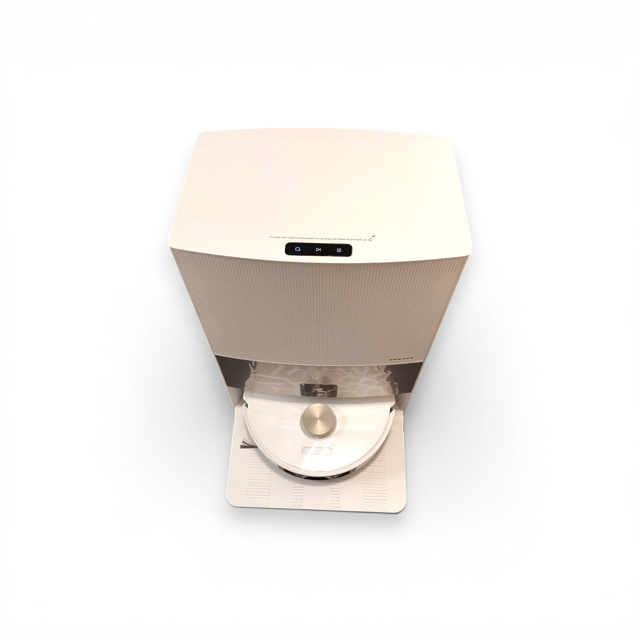 Weißer Saugroboter mit Ladestation auf weißem Hintergrund, Haushaltsgerät B-Ware