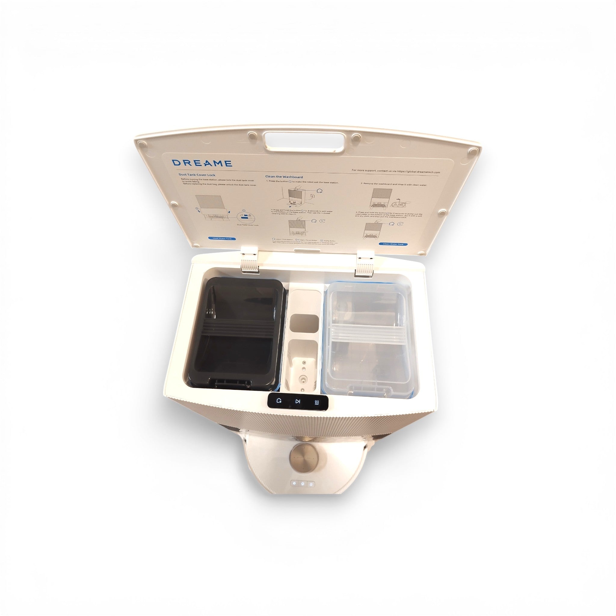 Dreame Wassertank Station mit zwei Behältern, offen, auf weißem Hintergrund