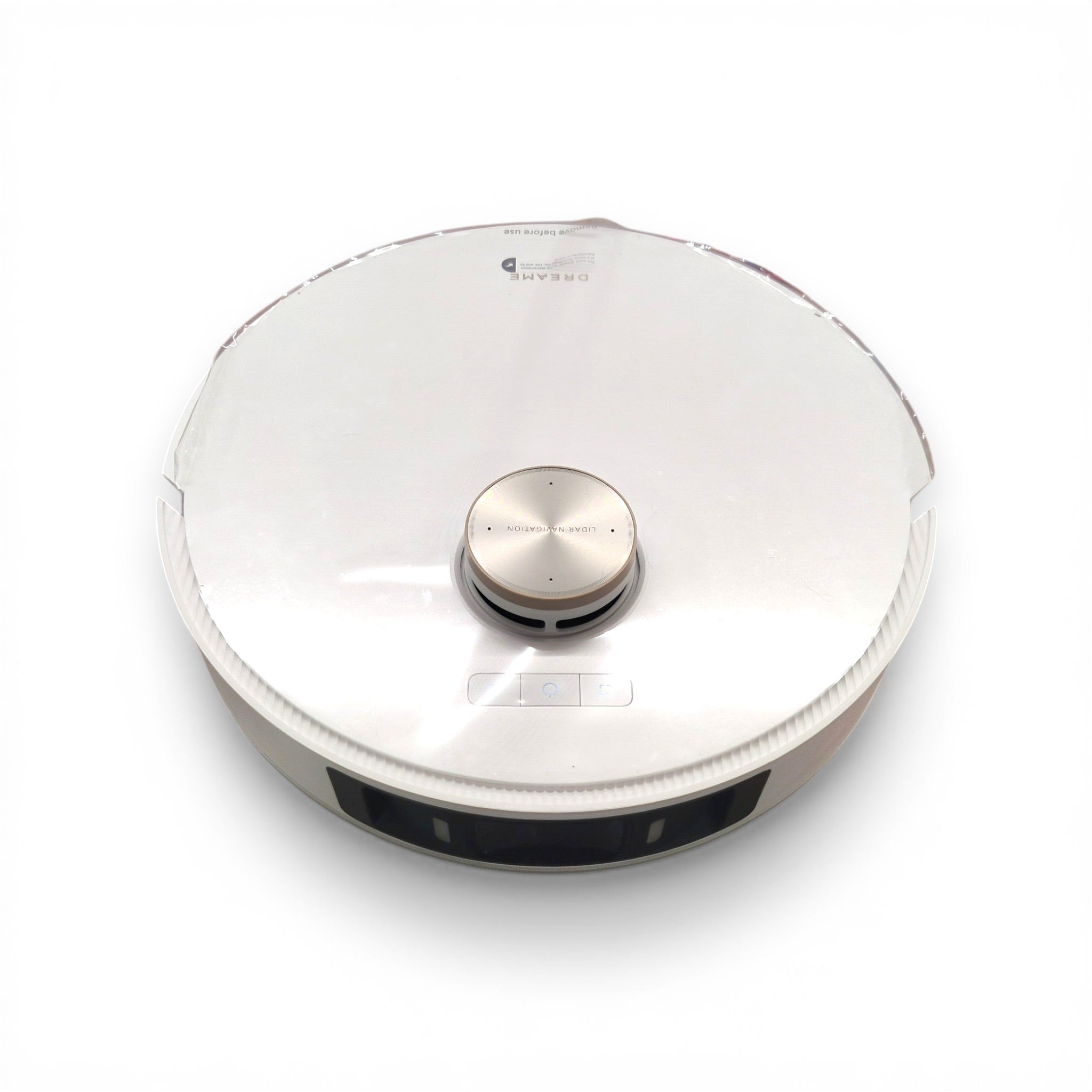 Weißer Saugroboter mit Lasernavigation auf weißem Hintergrund, Smart Home, Technik