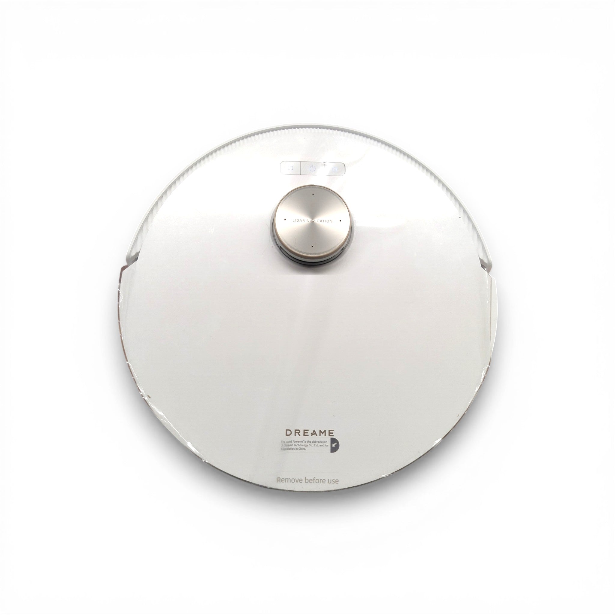 Runder Saugroboter Dreame, silberfarben, auf weißem Hintergrund, haushaltsgerät