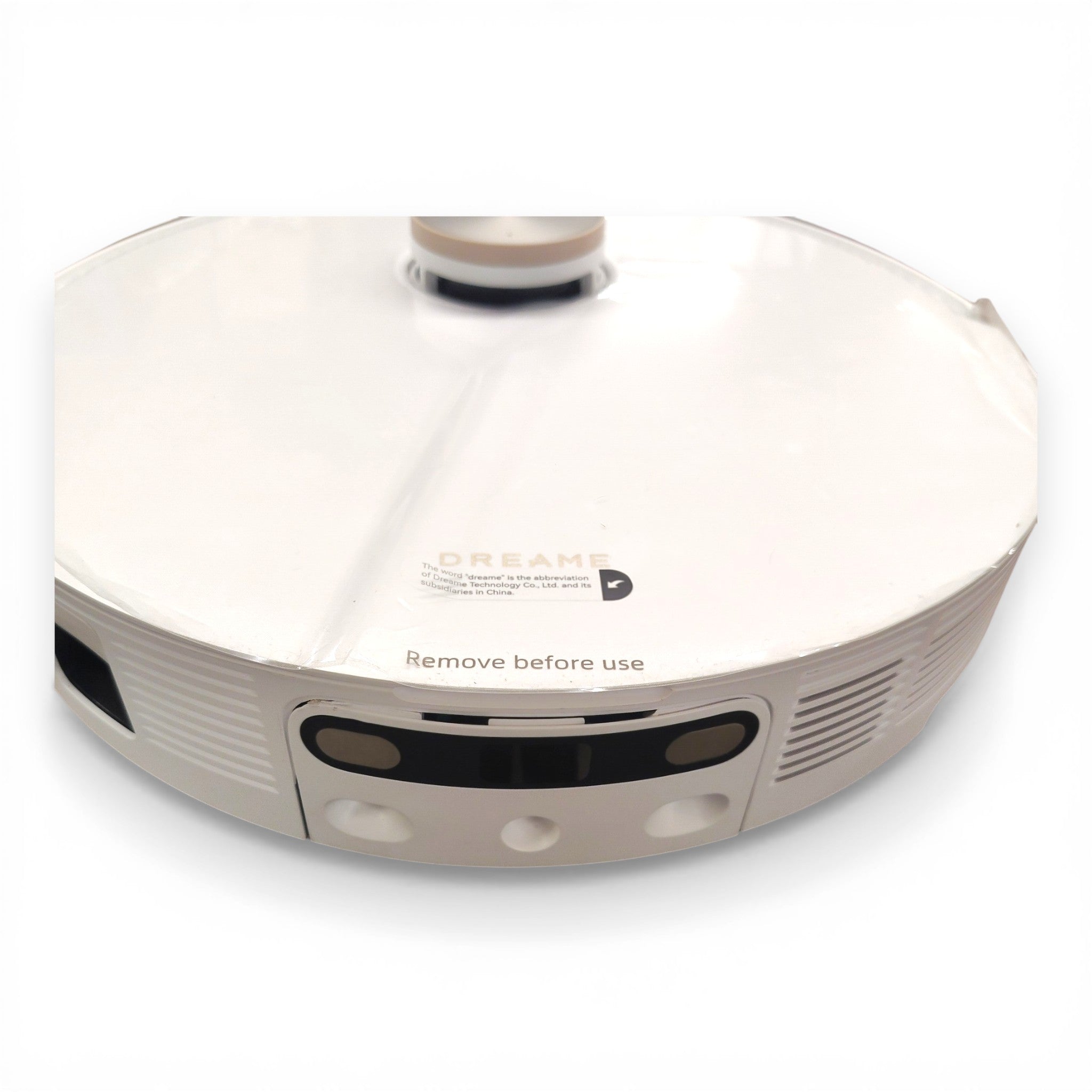 Weißer Saugroboter mit Sensoren auf weißem Hintergrund, B-Ware Haushaltsgerät