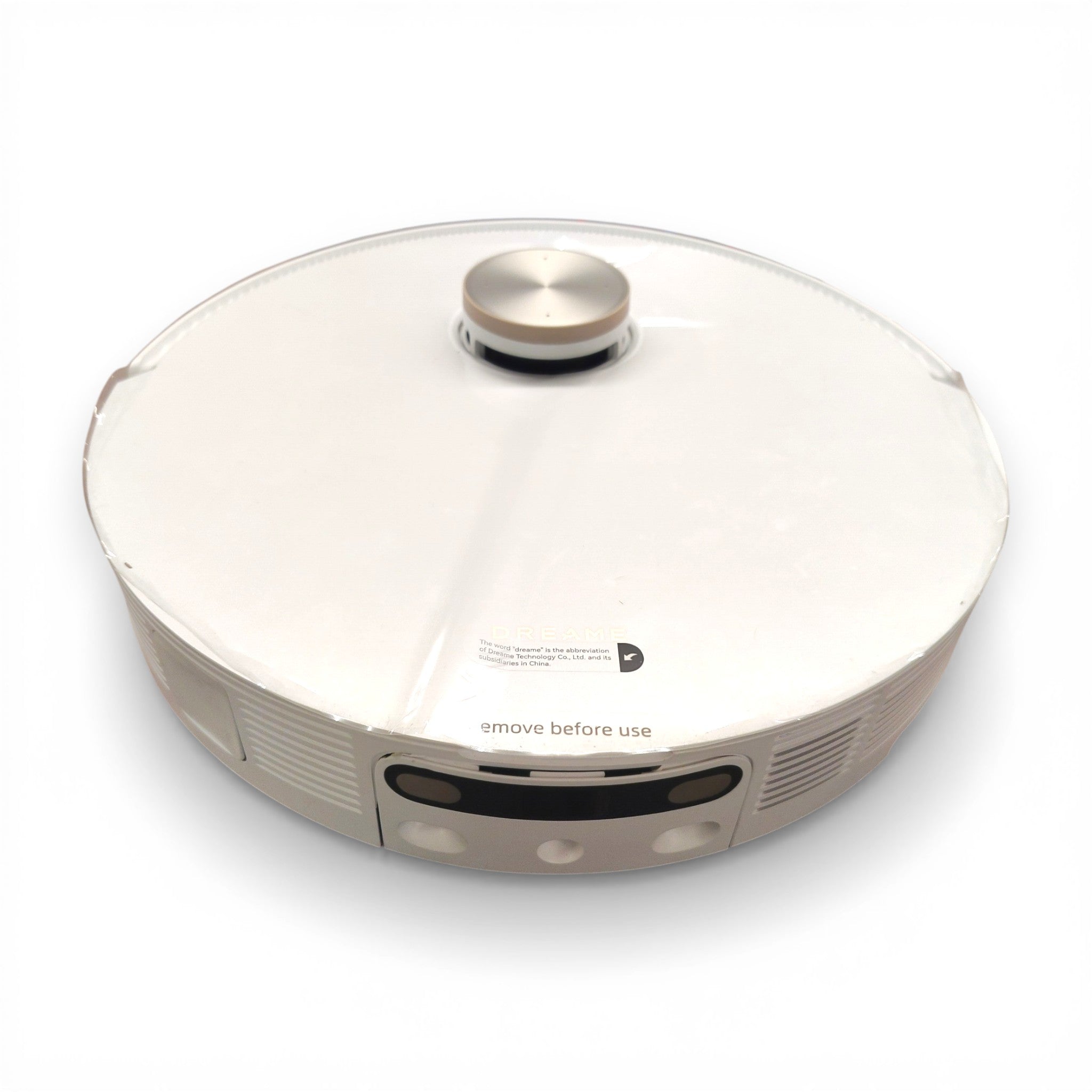 Weißer Saugroboter mit Sensoren und Aufkleber, auf weißem Hintergrund, B-Ware Elektronik