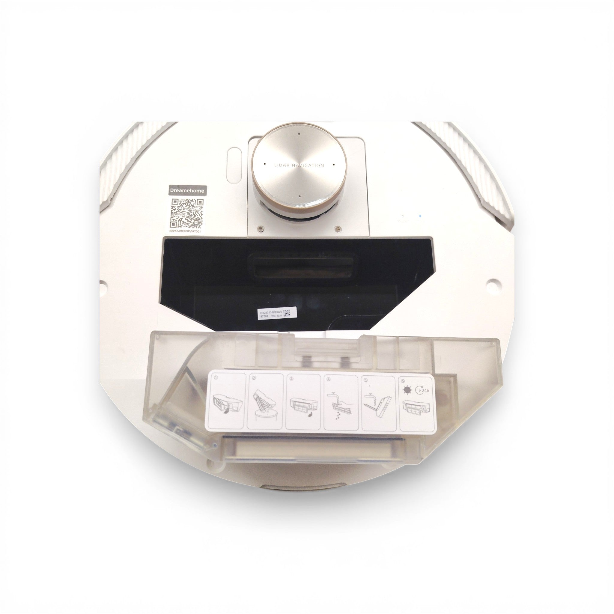 Weißer Saugroboter mit Wassertank, LIDAR-Navigation und Bedienungsanleitung auf weißem Hintergrund