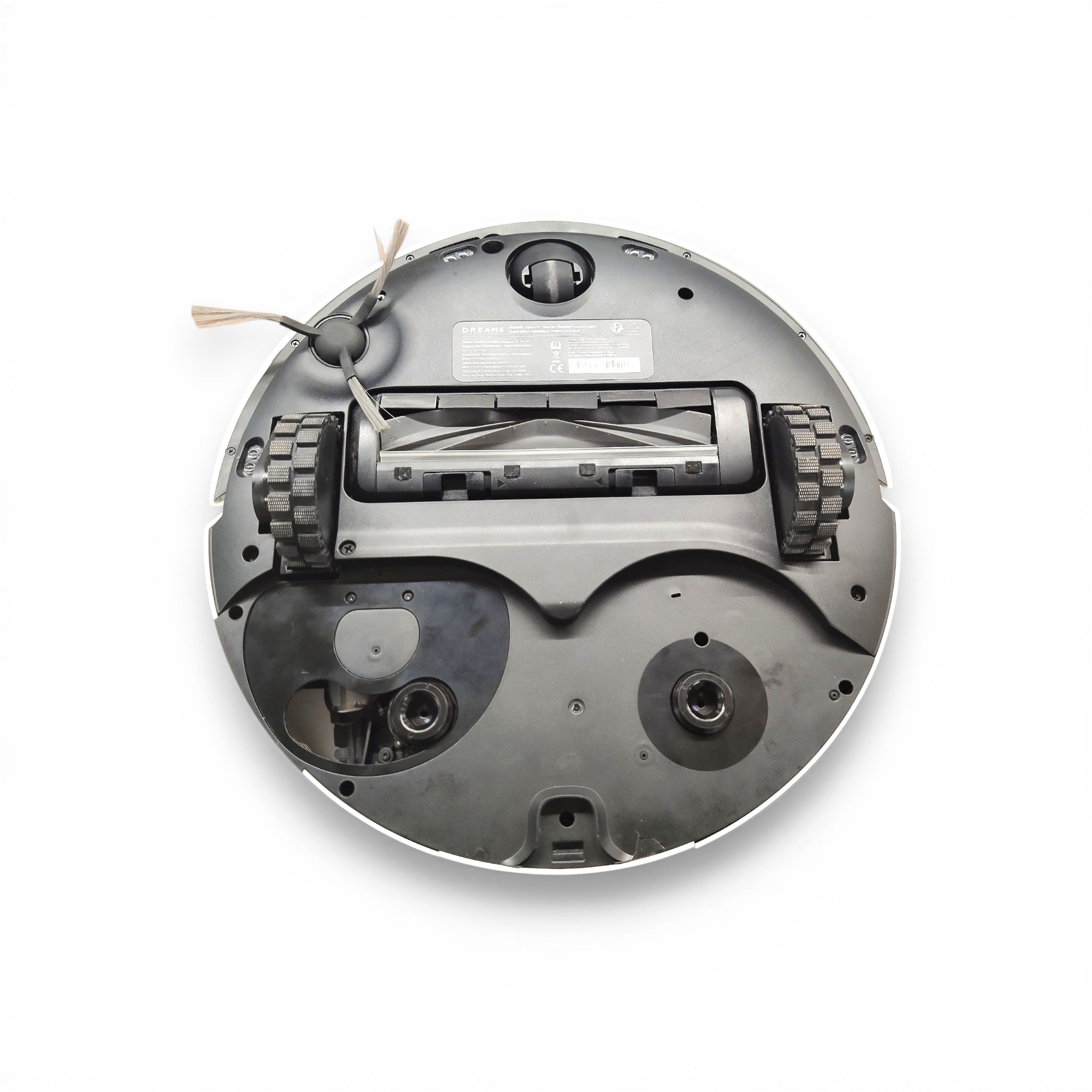 Rückseite eines Saugroboters mit Bürste, Rollen und Sensoren auf weißem Hintergrund