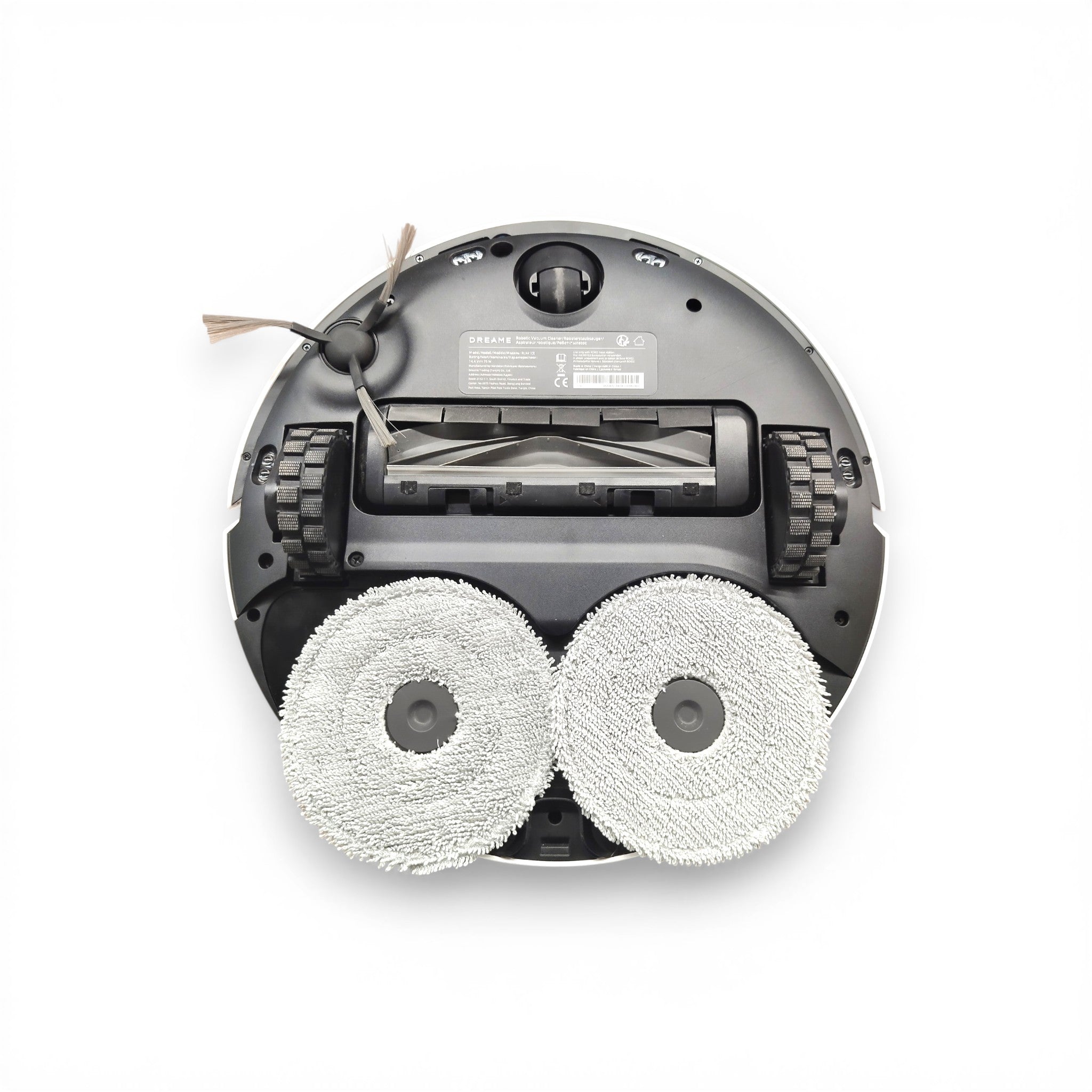 Bodenansicht eines Saugroboter mit zwei rotierenden Wischmopps und Bürsten, weiße Fläche.