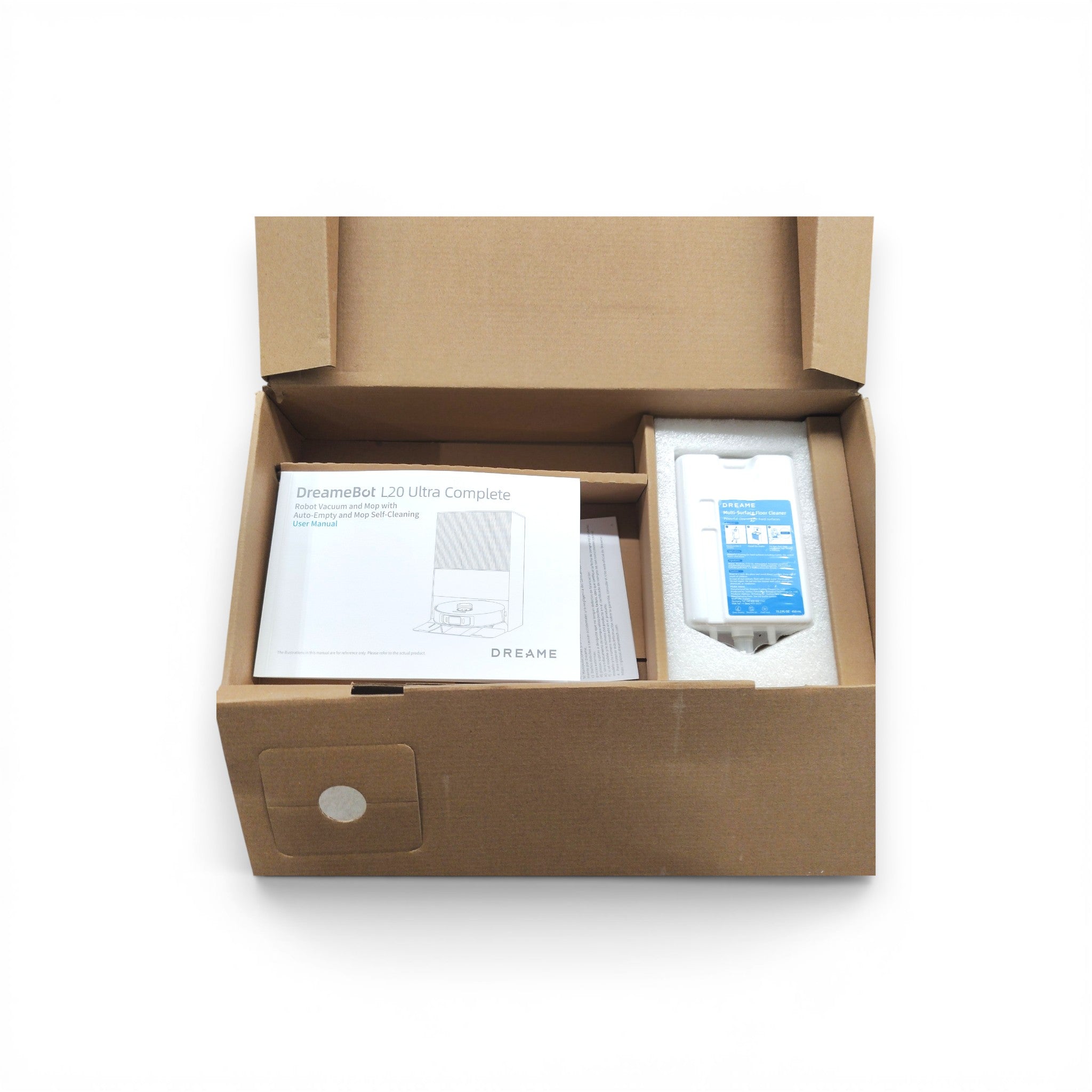 DreameBot L20 Ultra Complete Verpackung mit Benutzerhandbuch und Zubehör in Versandkarton