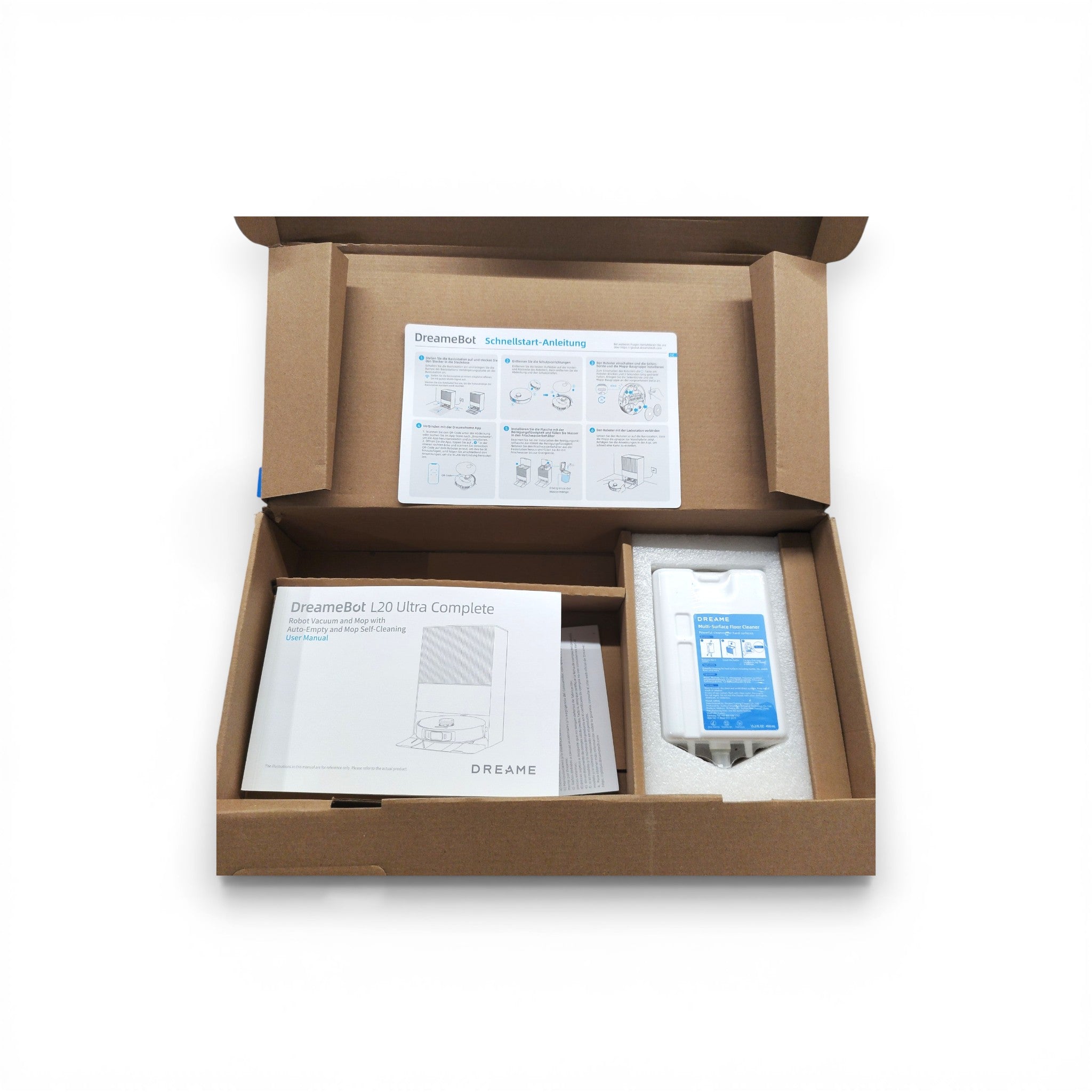DreameBot L20 Ultra Complete Zubehör im geöffneten Karton mit Schnellstart-Anleitung
