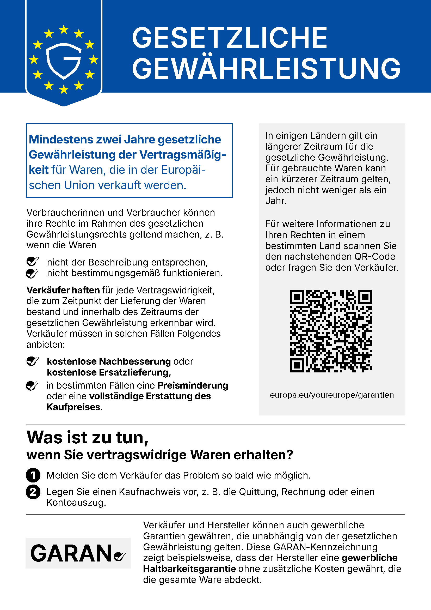 Hinweis zur gesetzlichen Gewährleistung nach EU-Recht: mindestens zwei Jahre