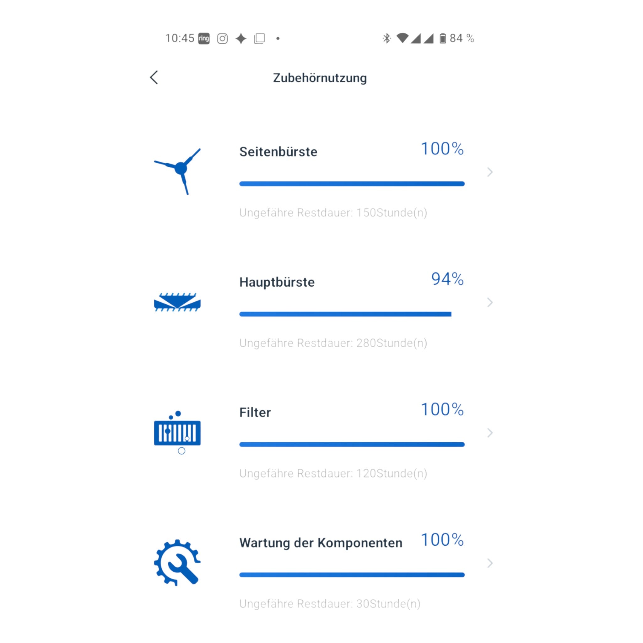Anzeige der Zubehörnutzung mit Zustandsanzeige für Seitenbürste, Hauptbürste, Filter und Wartung bei Ecovacs DEEBOT N8 Saug- & Wischroboter - B-Ware / Geprüft, attraktiv reduziert.
