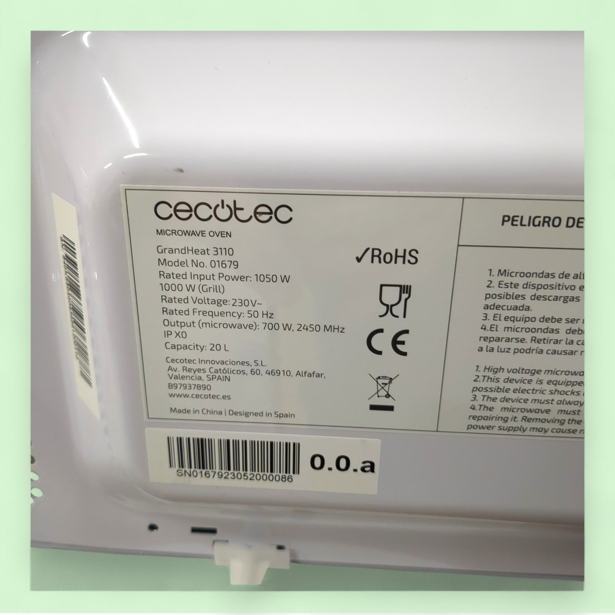 Cecotec Grandheat 3110 Mikrowelle / 700+1000 Watt / 20 Liter // Defekt Teileträger Ersatzteile bei Retourify e. K.