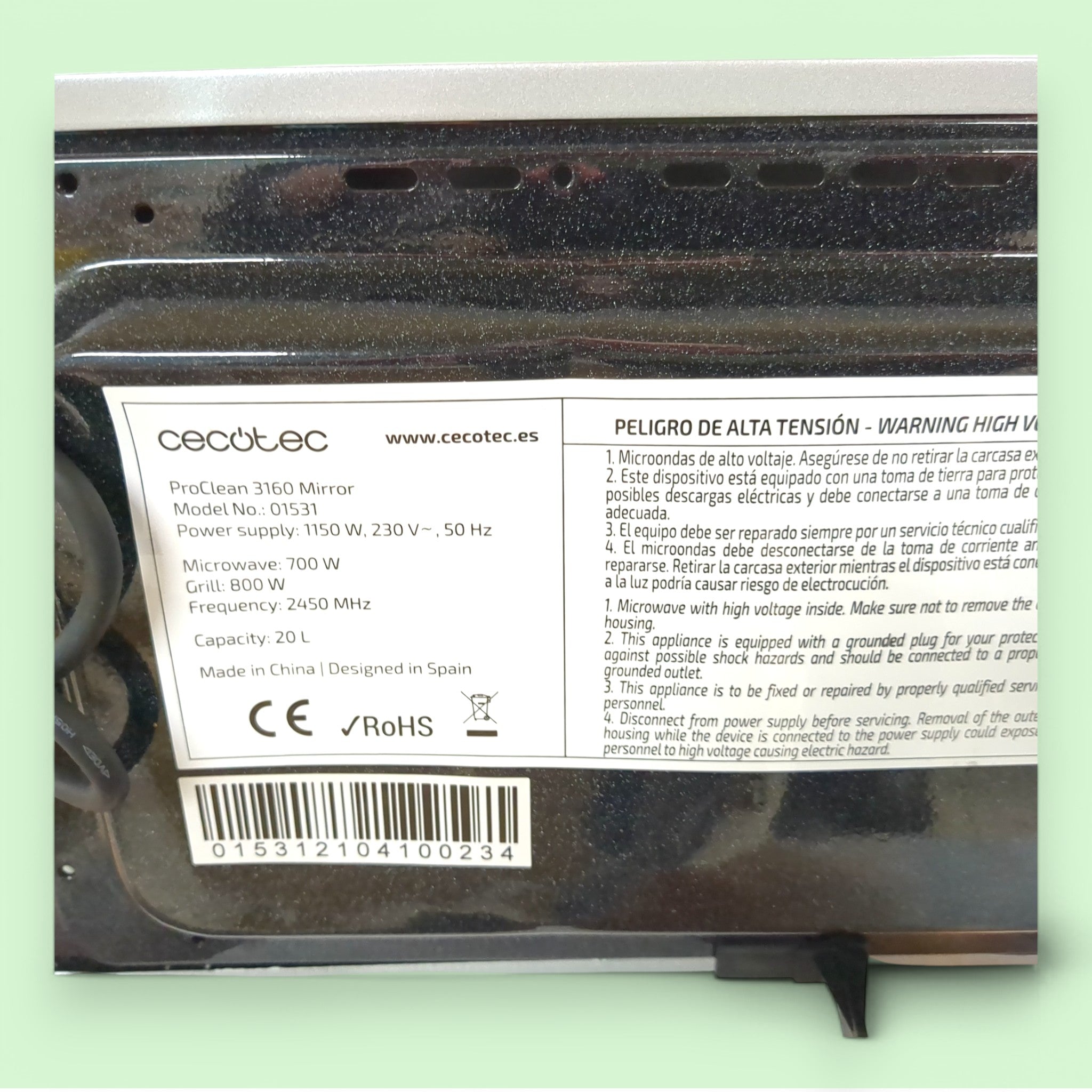 Cecotec Proclean 3160 Mirror Mikrowelle / 700+800 Watt / 20 Liter // Defekt bei Retourify e. K.