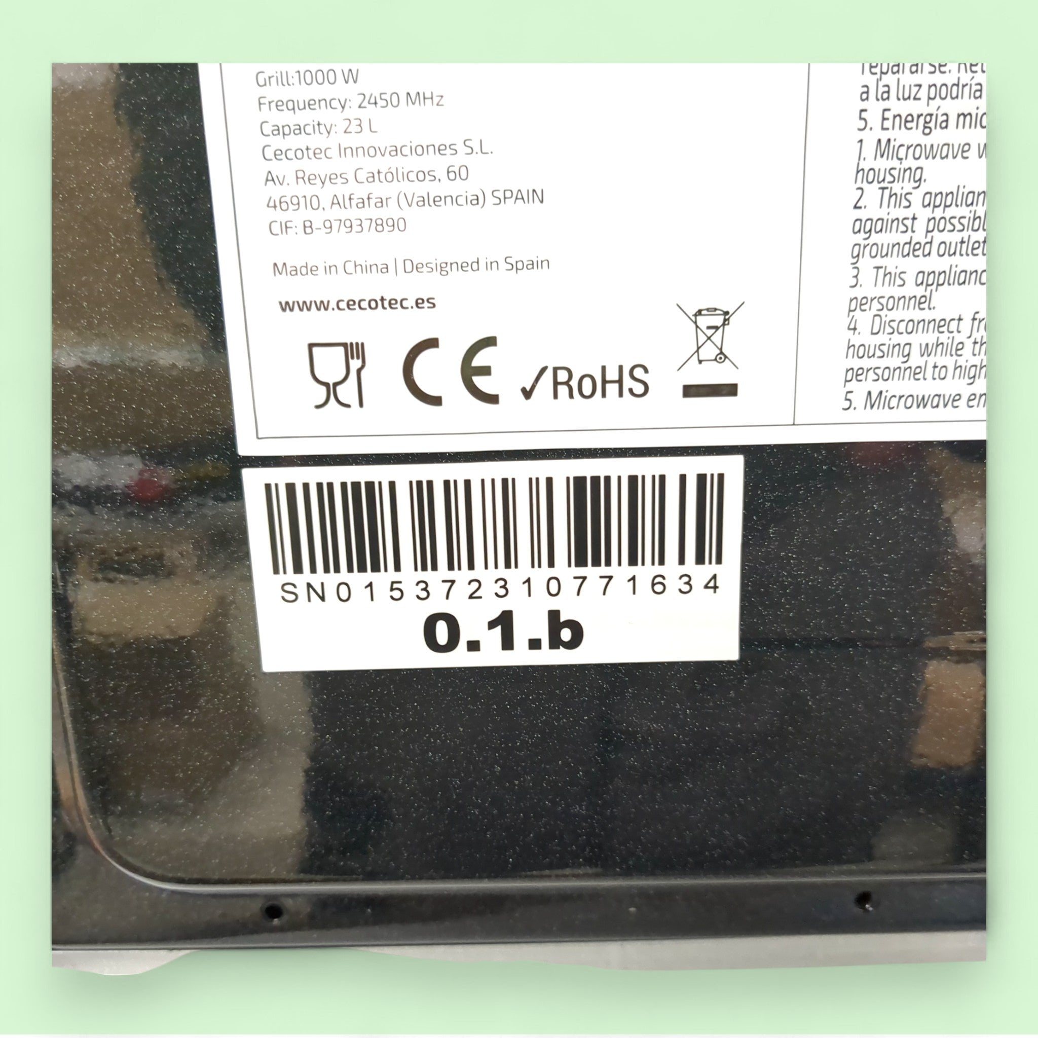 Cecotec Proclean 6110 / 800 W Mikrowelle / 1000 W Grill / Defekt Ersatzteile Teileträger für Bastler bei Retourify e. K.