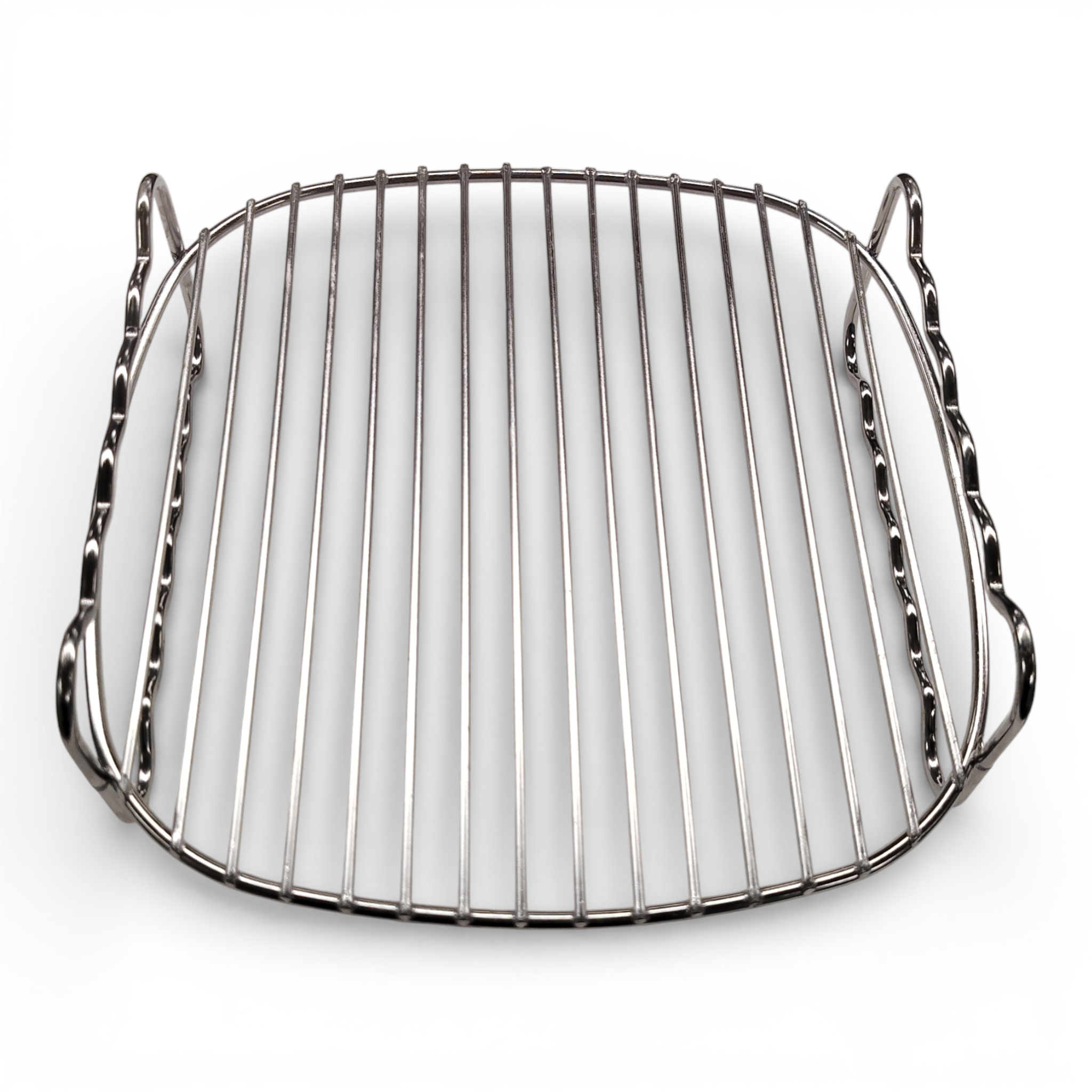 Die Self Spares Edelstahl Heißluftfritteusenständer haben parallele Stangen und gebogene Griffe, ideal als Heißluftfritteuse Zubehör für Dörren von Obst und Gemüse. Universell passend für die meisten Heißluftfritteusen, angezeigt auf weißem Hintergrund.