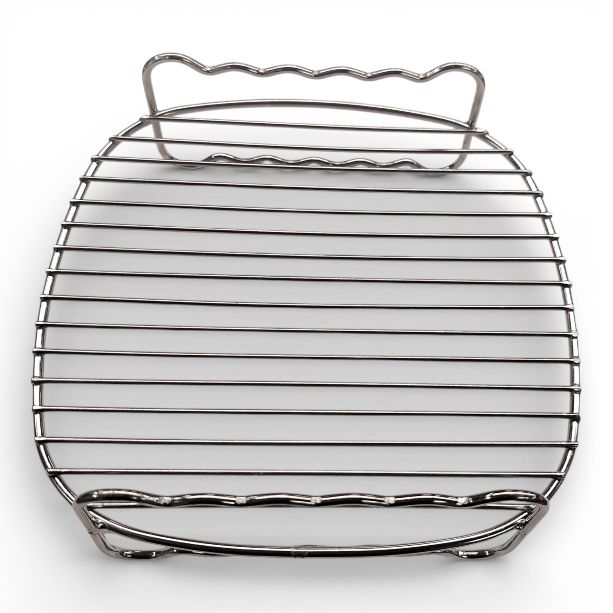 Das Self Spares Edelstahl-Luftfritiergestell verfügt über parallele Metallstangen und gebogene Griffe an beiden Enden, die für den universellen Einsatz in den meisten Luftfritiergeräten konzipiert sind. Abgebildet auf weißem Hintergrund.